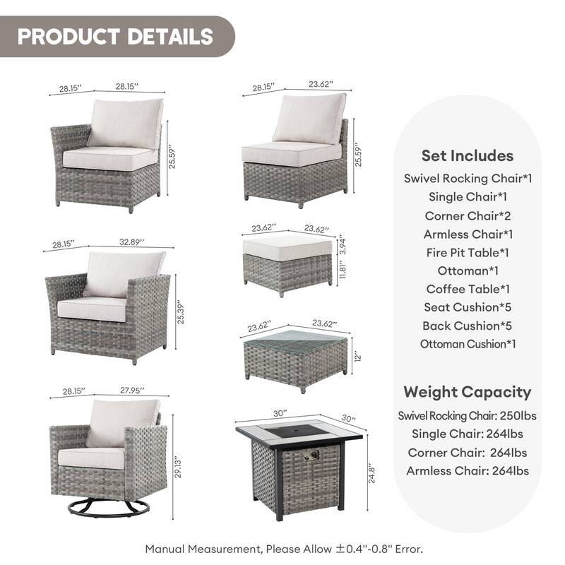 XIZZI 8-piece Outdoor Furniture Wicker Sofa Set with Fire Pit