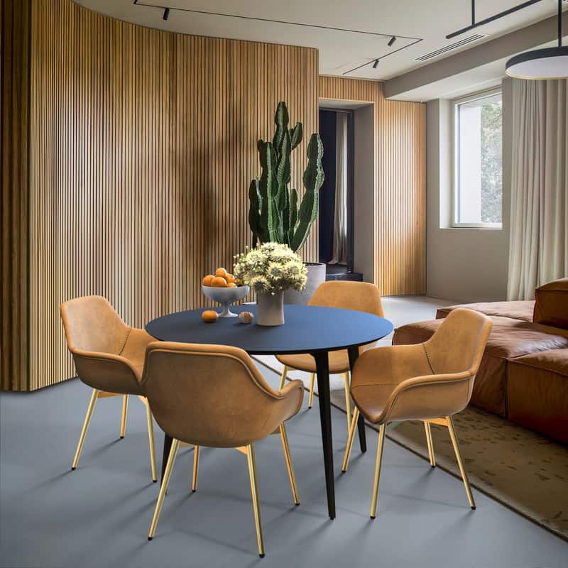 Markley Modern Leather Dining Armchair with Distressed Upholstery, Gold Metal Legs, and Ergonomic Design for Kitchen or Office