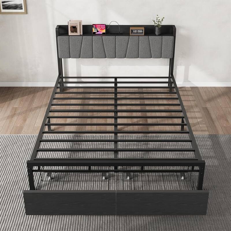 Platform Bed Frame with Charging Station and Functional Storage Headboard