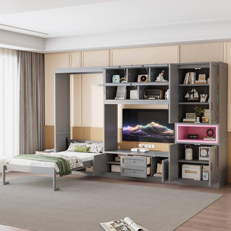 Twin Size Wooden Murphy Bed with TV Stand, Flip-Up Cabinets & Vibrant Accent Storage by Harper&Bright Designs