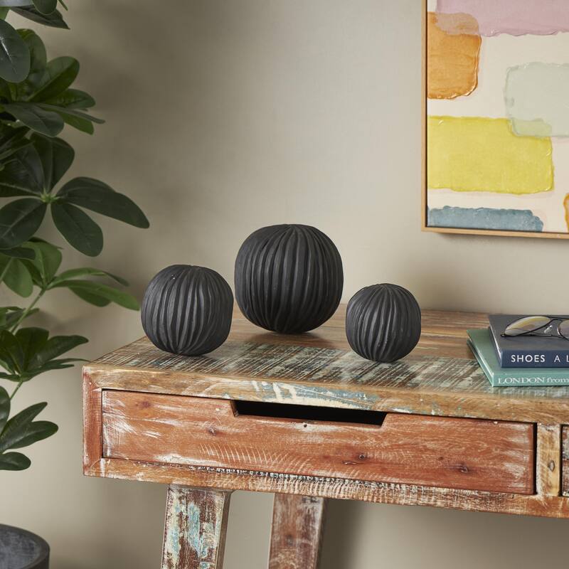 Teak Wood Handmade Carved Orbs & Vase Filler with Ridges - Set of 3 Brown or Black - Roche River Decor