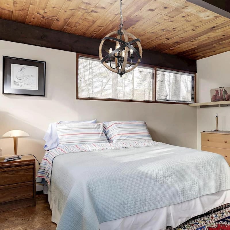 Farmhouse Chandelier - Adjustable Wooden Frame, Dimmable with 6xE12 Sockets