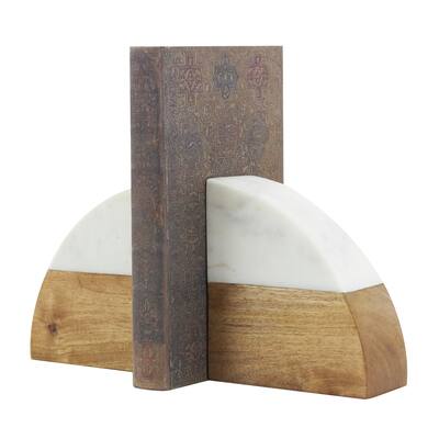 Mango Wood Geometric Arched 5 lbs Decorative Bookends with White Marble Tops - Set of 2 Brown - Roche River Decor