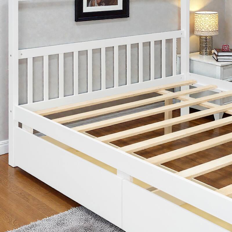 Twin/Full Size Wooden House Bed with Roof and 2 Drawers, Kids Platform Bed with Storage, Solid Pine Frame