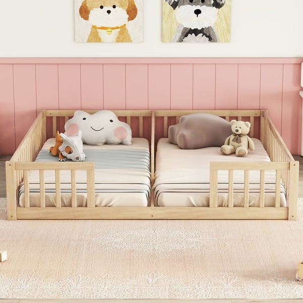 slide 2 of 11, Kids Double Twin Size Floor Bed Frame with Guardrails, Natural Natural - Twin