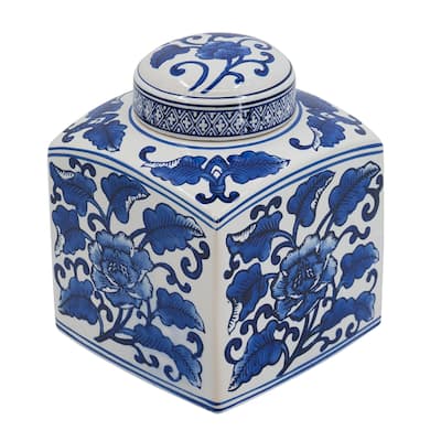 Floral Square Ceramic Canister Decoration - 8" - Blue and White