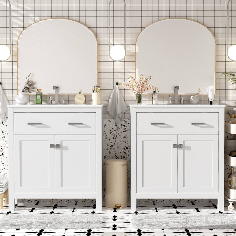 Set of 2 Vanity for Bathroom with Double Ceramic Sinks, 60" Modern Storage Cabinet with Flip-down Drawers and Door Organizers