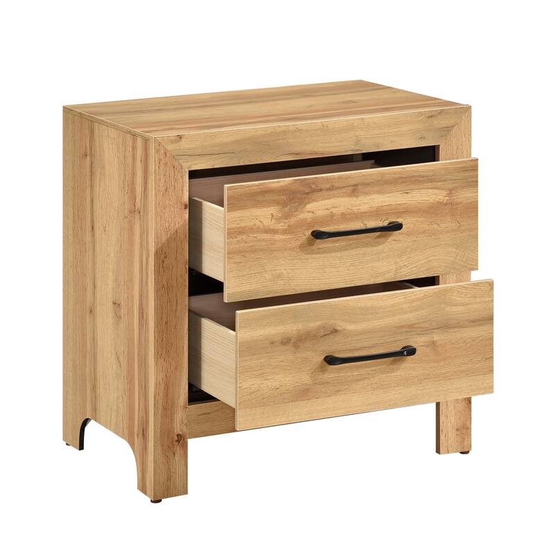 Natural Finish 2-Drawer Nightstand with Black Handles, Scratch and Stain Resistant