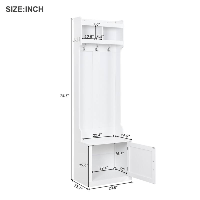 Minimalist Slim Hall Tree with Cabinet & 6 Hanging Hooks, Shoe Storage Bench with Coat Rack, Elegant Foyer Cabinet for Hallway