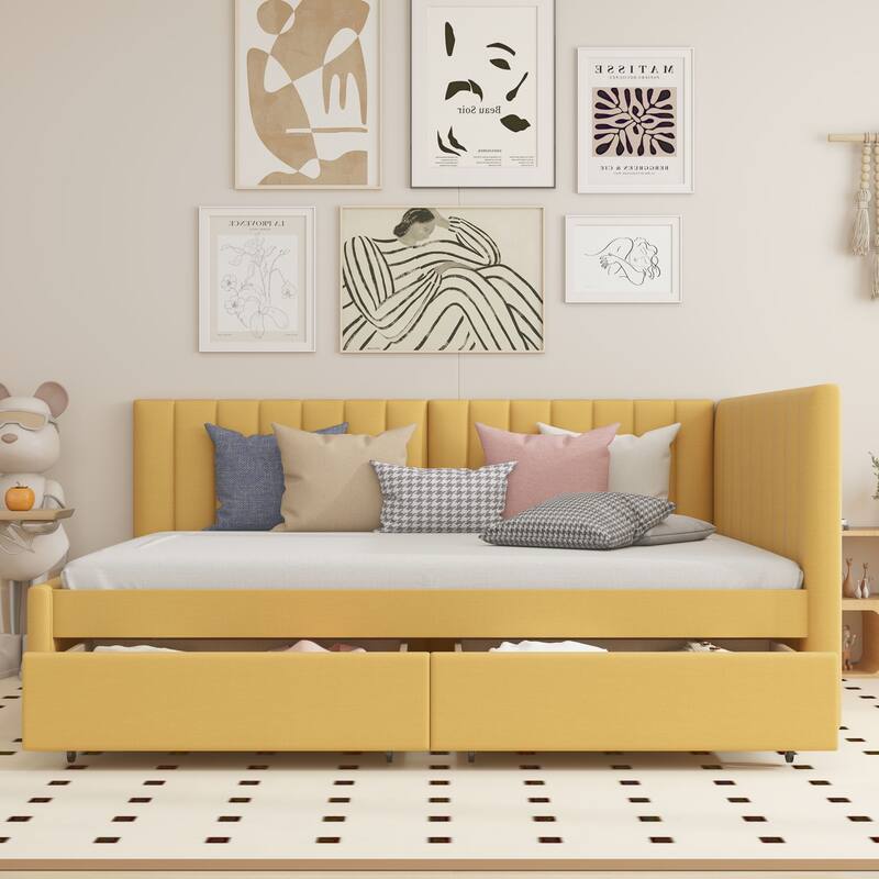 Upholstered sofa bed with 2 storage drawers - Yellow