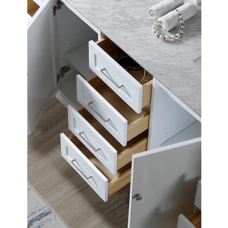 Ultimate Classic Premium 72 In. Vanity In White With Carrara White Marble Vanity Top with white basins and Mirror