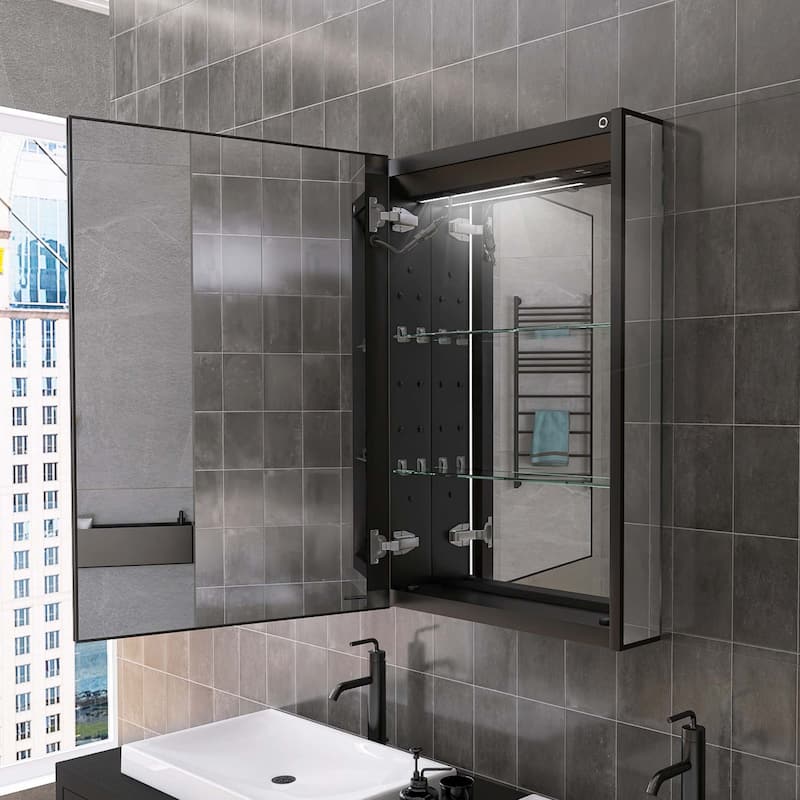 20" x 30" Lighted Recessed Medicine Cabinet with Mirror and Electrical Outlet - Left Hinge