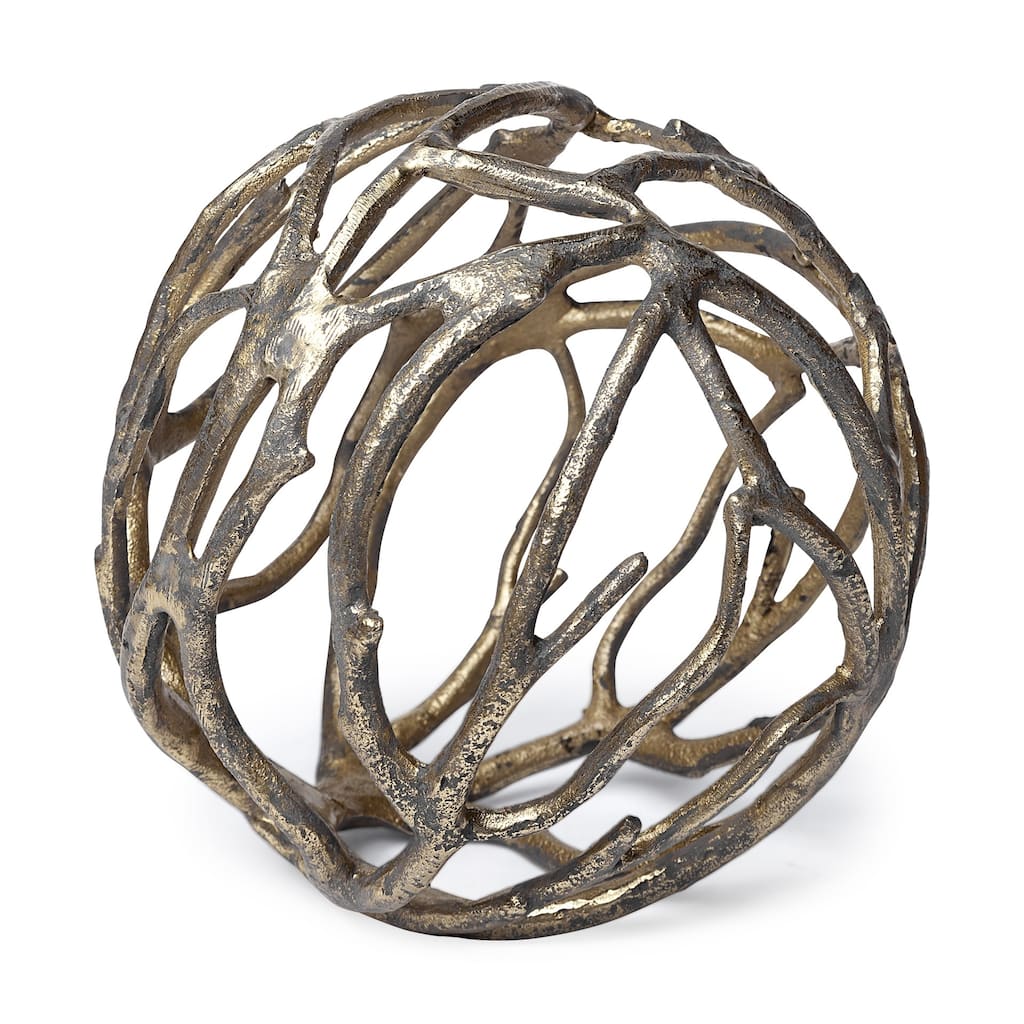 HomeRoots 7" Antiqued Gold Rustic Tree Branch Aluminum Orb Tabletop Sculpture