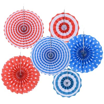 1 Set/6Pcs Paper Fans Hanging Decoration Round 8"/12"/16", Red Blue - Red Blue