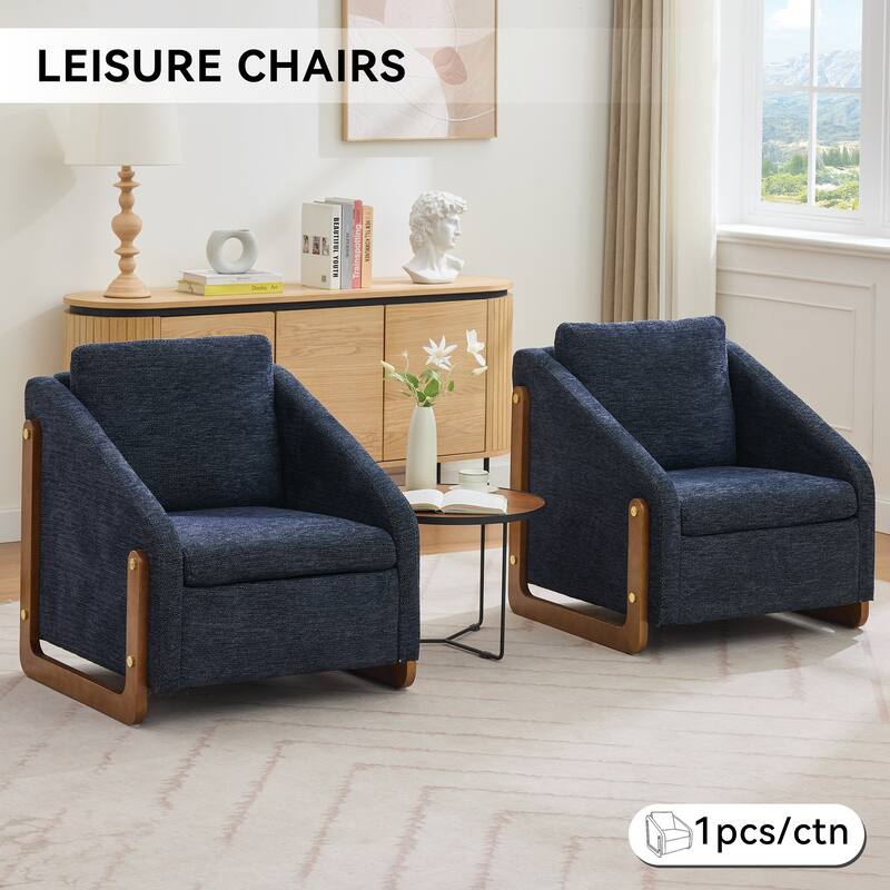 Modern Chenille Upholstered Armchair with Wooden Side Frame, Single Accent Leisure Chair with Backrest for Living Room, Bedroom