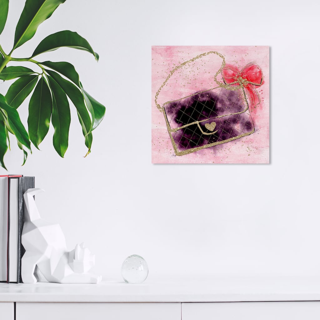 Wynwood Studio Canvas Fashion and Glam Gold Sparkle Ribbon Purse Red and Metallic Gold Glam Wall Art Canvas Print