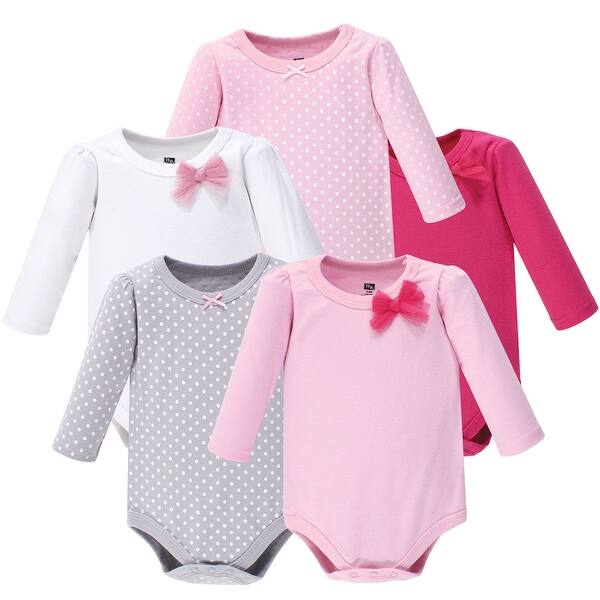 slide 1 of 1, Hudson Baby Infant Girl Cotton Long-Sleeve Bodysuits 5pk, Basic Bow 0-3 Months - Basic Bow