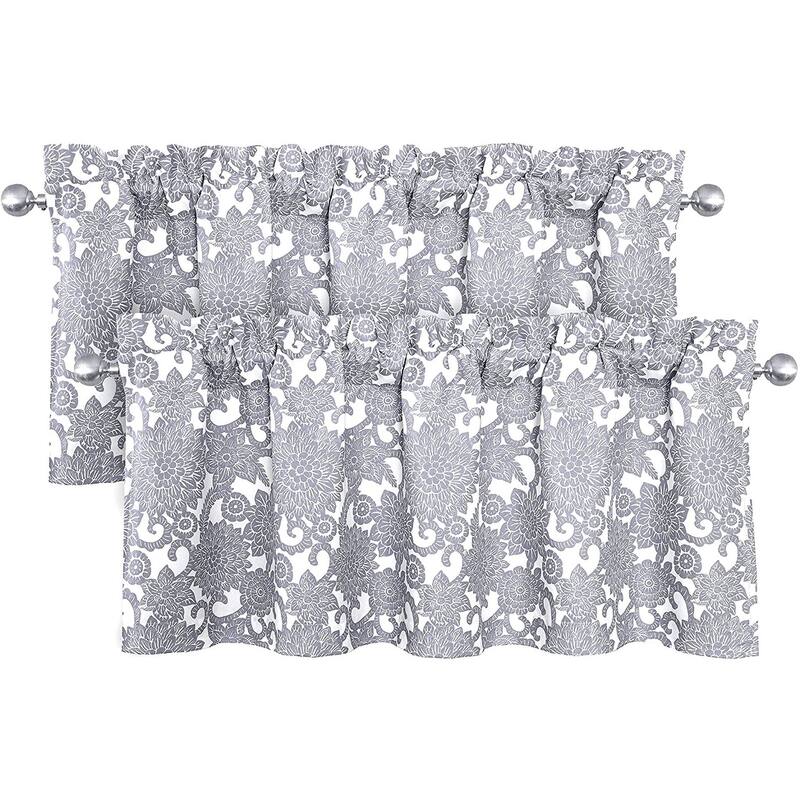 DriftAway Daisy Dahlia Blooming Flower Floral Lined Window Curtain Valance 2 Pack - 52" width x 18 " length 2 pack - Grey