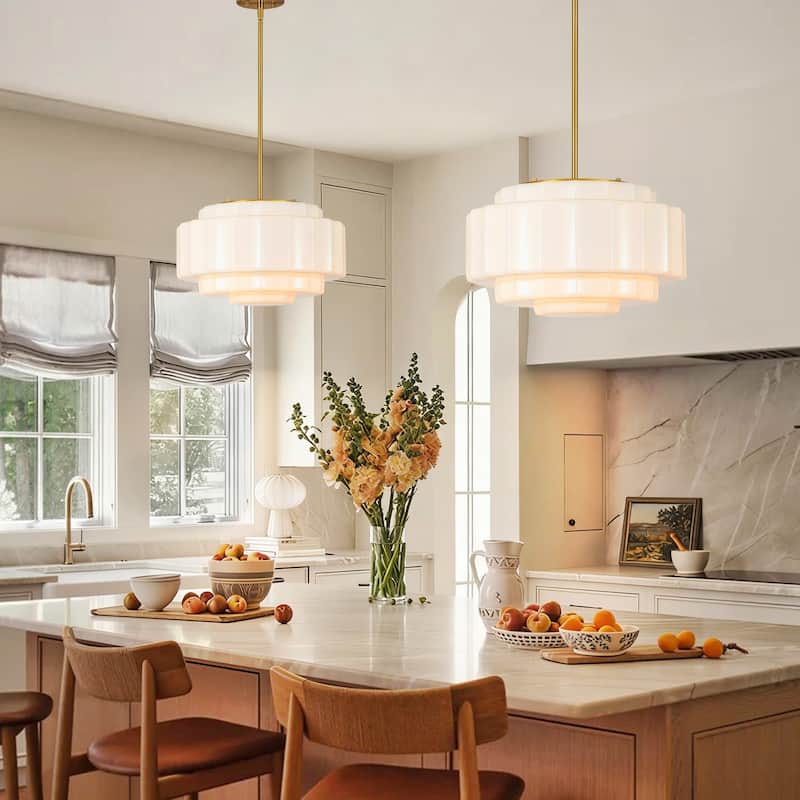 Rennnsan 3-Light Mid-Century Modern Brass Tiered Milk Glass Pendant for Dining Room - 15.7 in. W x 7.1 in. H