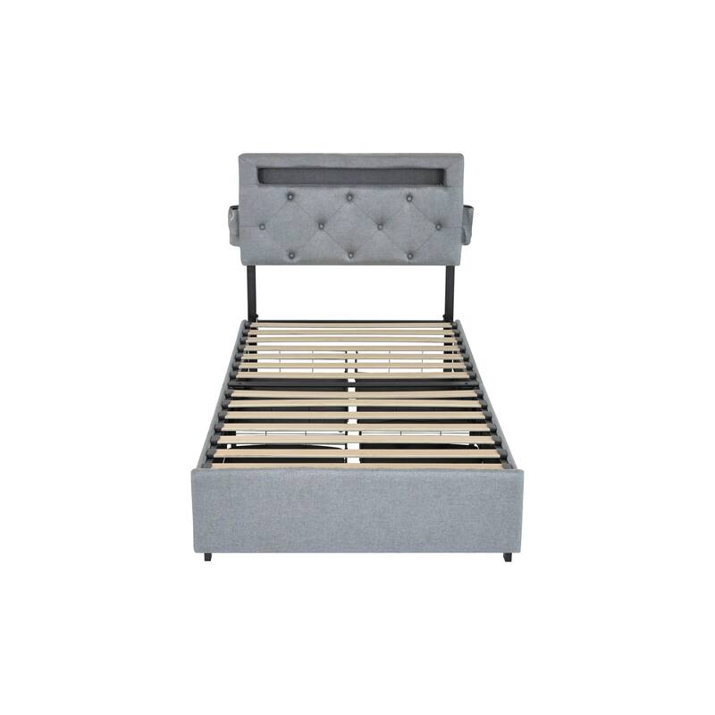 Adjustable Height Twin Size Upholstered Platform Bed with Built-in LED Lights, USB Charging Station, Side Pockets and Drawers