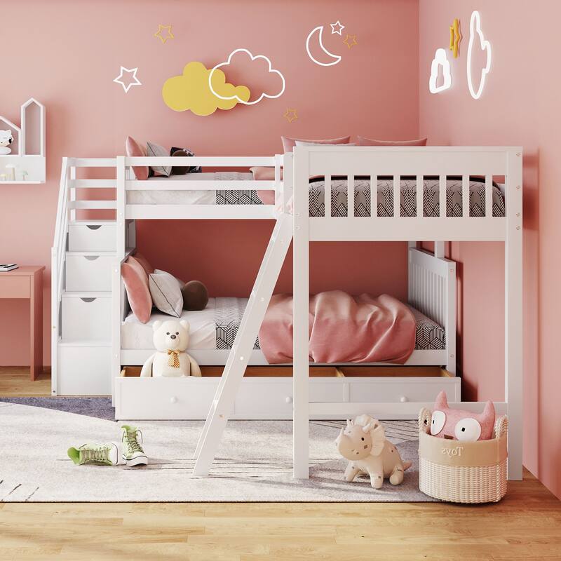 L-Shaped Twin over Full Bunk Bed with Drawers, Ladder, and Staircase in White