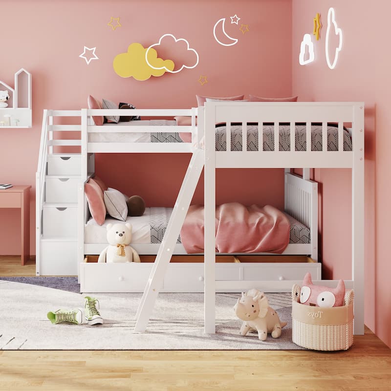 Twin over Full L-Shaped Bunk Bed With 3 Drawers, Ladder and Staircase