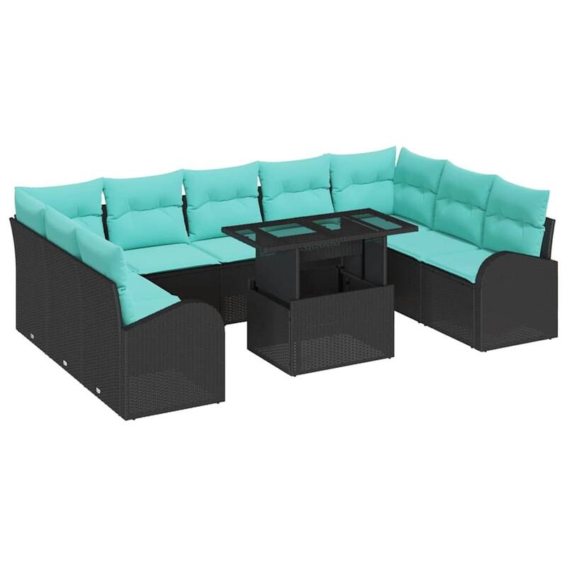 vidaXL 10 Garden Sofa Set with Cushions Black/Brown/Grey Poly Rattan - 113.8 x 70.5 x 27.2