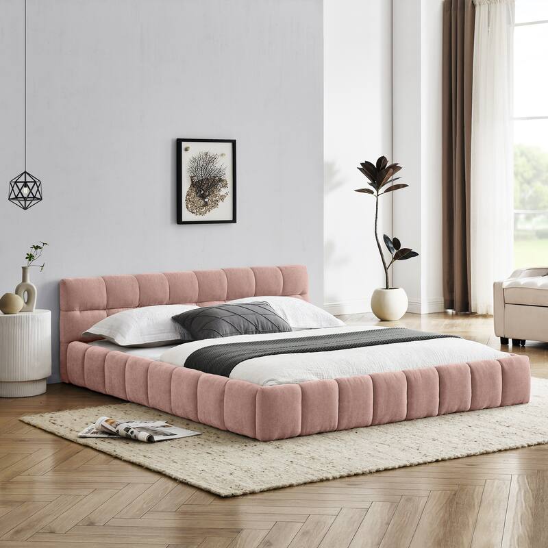 Roomfitters Queen Upholstered Chenille Fabric Platform Bed with Headboard, Low Profile Solid Frame, No Box Spring Needed