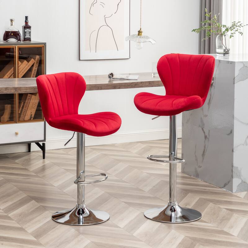 Set of 2 Adjustable Swivel Barstools with Upholstered Bucket Seats and Chrome Footrest. - Red
