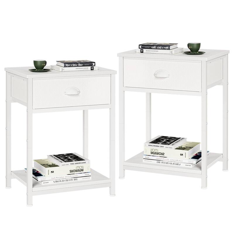 Nightstands Set of 2, End Table with Fabric Drawer, Small Side Table for Small Spaces, 2 Tiers Storage Shelves End Table - White