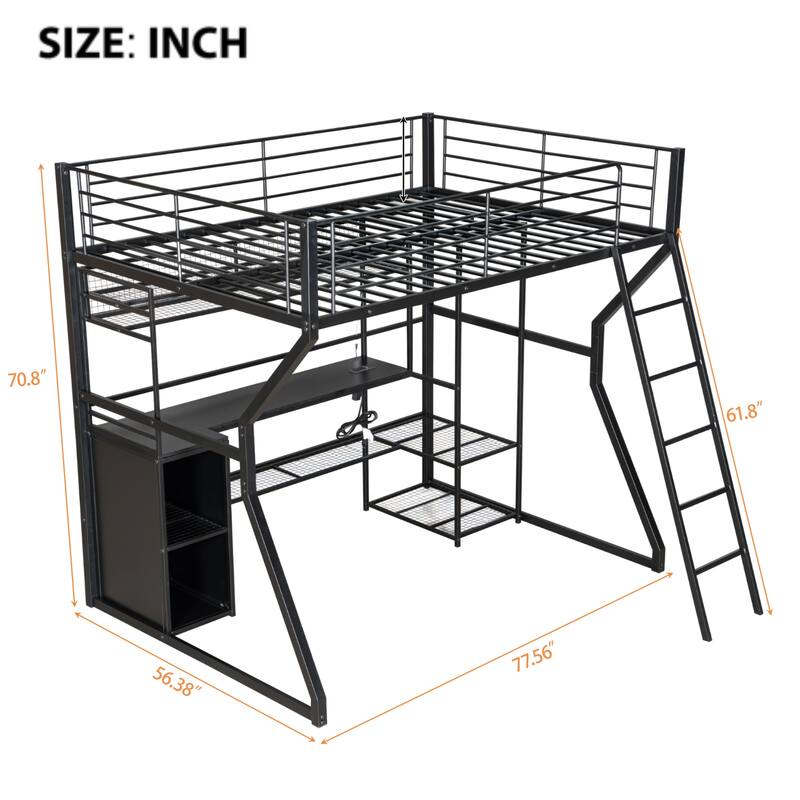 Full Size Black Metal Gaming Loft Bed w/ Open Wardrobe & Built-in Work Station, LED Storage Loft Bed Frame for Kids,Teens,Adults