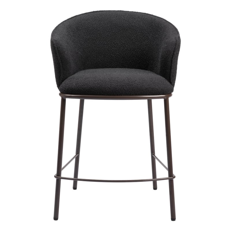 26-Inch Shearling Black Upholstered Seat Bar Chair with Arms and Footrest Bronze Metal Legs - 37”H x 24.4”W x 24”D