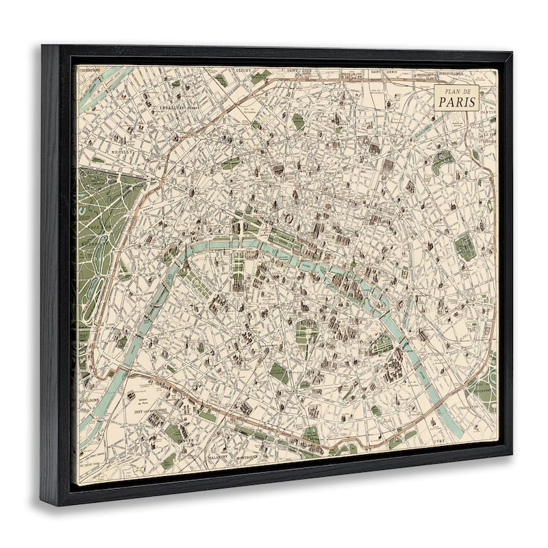 Stupell Vintage Map of Paris Framed Floater Canvas Wall Art Design By Phillipa Katz