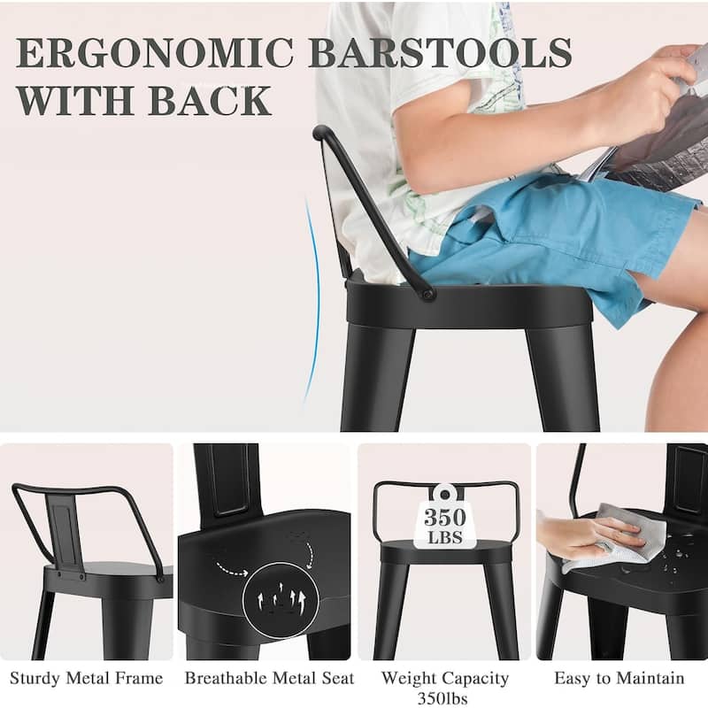 24 Inch Counter Stools Set of 4, Industrial Metal Barstools Bar Chairs with Large Seat and Low Back for Kitchen Island