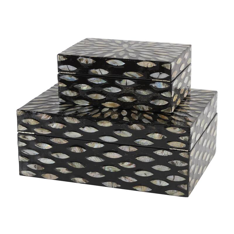 Mother of Pearl Shell Floral Box with Beige Accents - Set of 2 Black - Roche River Decor