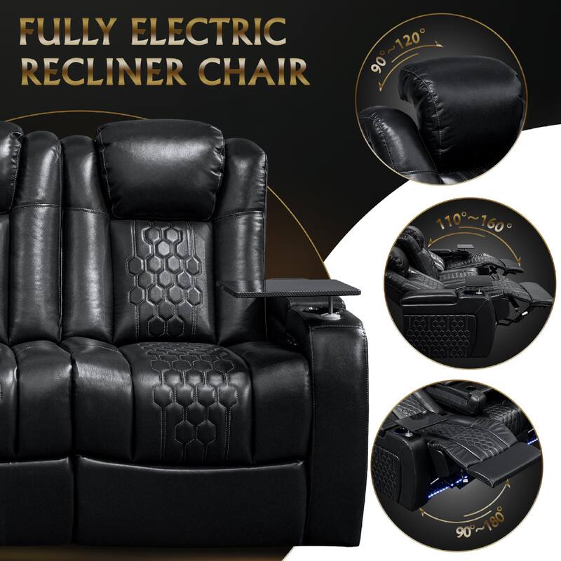 Roomfitters 86.6" Power Recliner 3-Piece Set, Top-Grain Nappa Leather, 12-Color RGB LED & USB-C Charging, Black