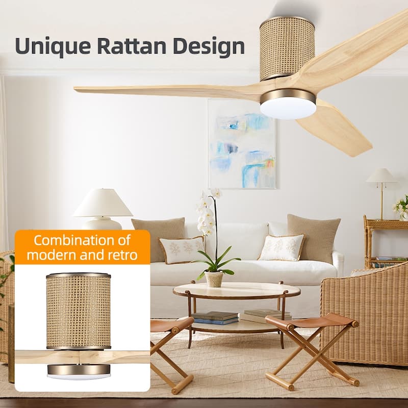 MLiAN 52 In. 3 Solid Wood Blades Flush Mount Ceiling Fan with Light Kit - 52"