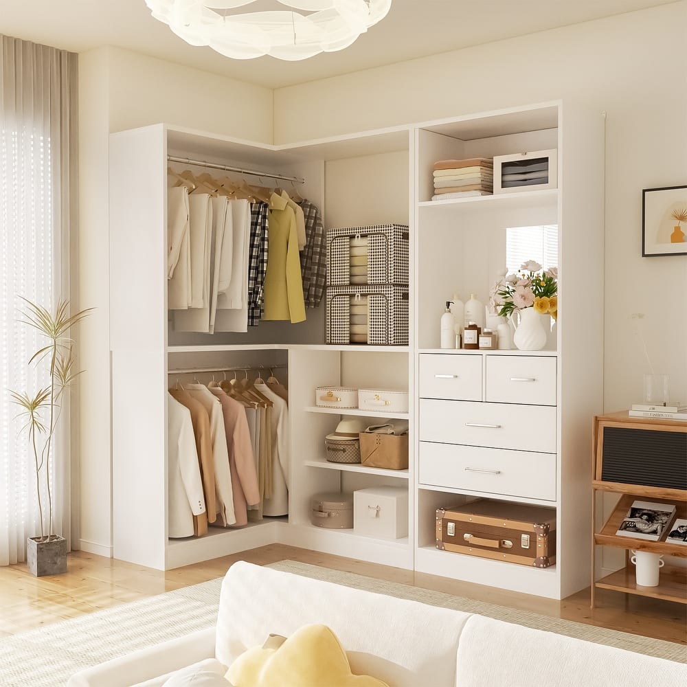 Cimly Set of 2 Corner Closet System with Drawers, Closet Organizer with Hanging Rods and Storage Shelves