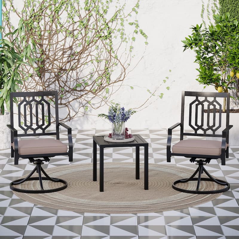 MAISON ARTS 3-Pcs Outdoor Dining Set,1 Steel Swivel Dining Chair with Cushion and 1 Black Small Metal Square Coffee Table