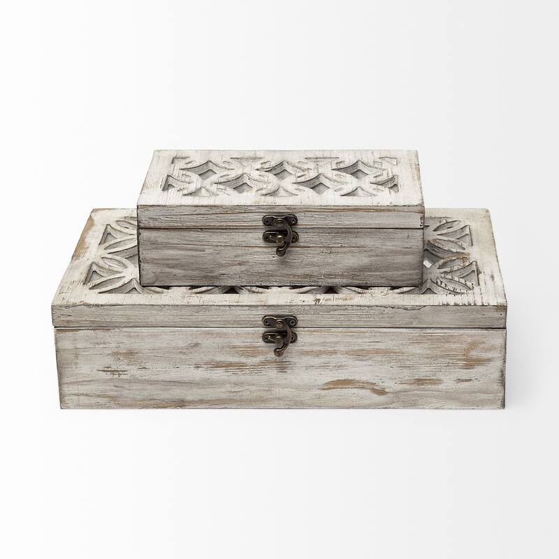 Set of Two Distressed White Wooden Boxes - 8"W x 14"D x 4"H