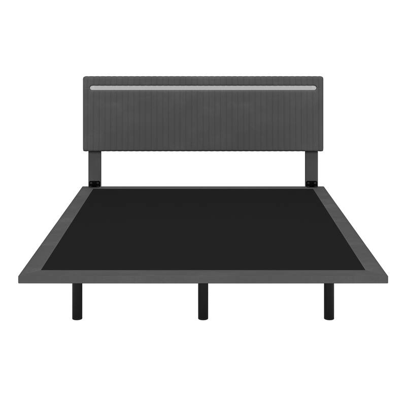 Modern Upholstered Floating Bed Frame with LED Lights, Vertical Channel Design Velvet Fabric Bed, Queen Size, Beige