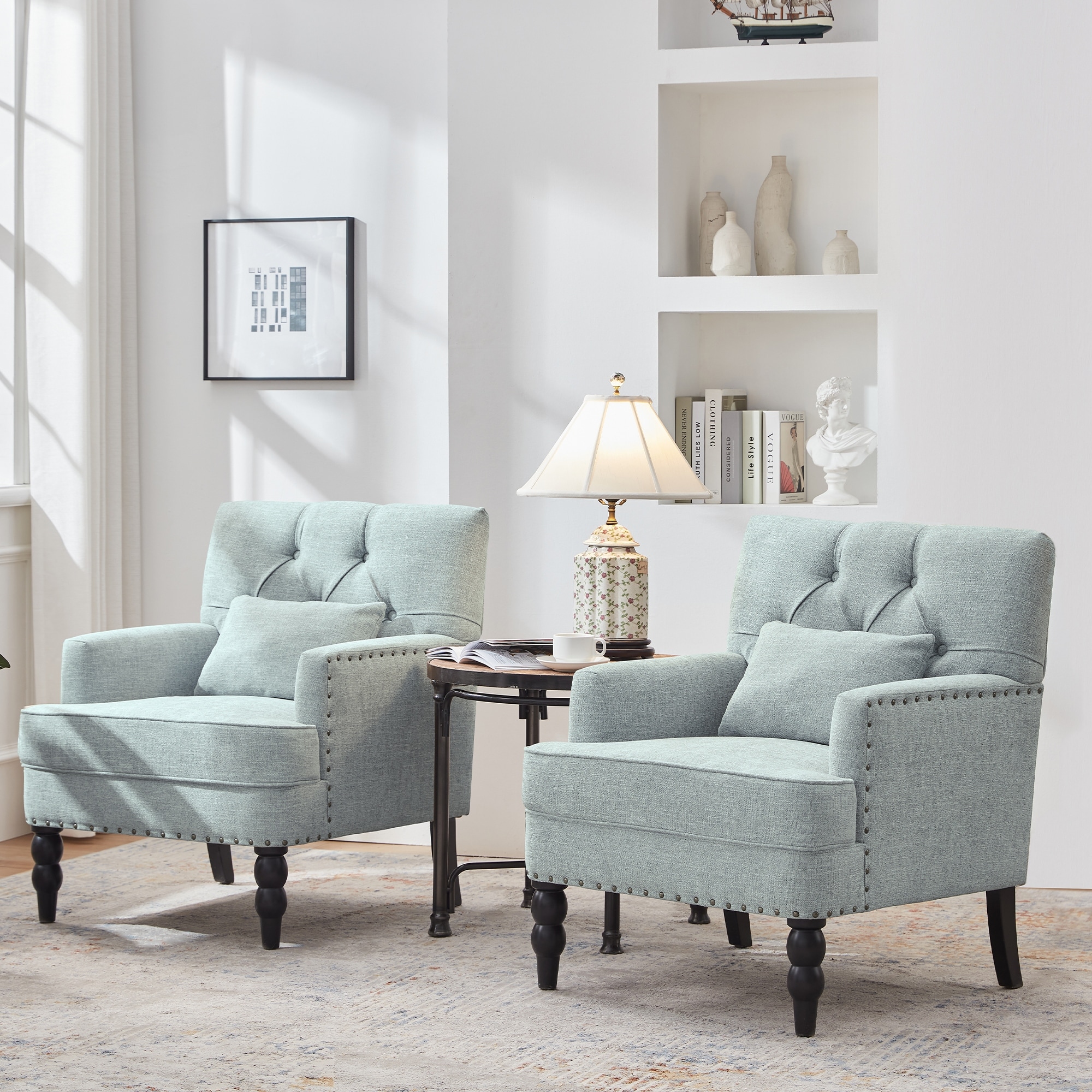 HUIMO Arm Chair Upholstered Button Tufted Accent Chair with Lumbar Pillow Beige Grey Light Blue Brown On Sale Bed Bath Beyond 38881268