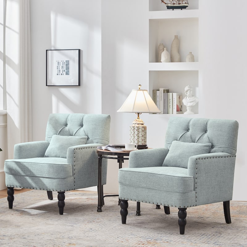 Set of 2 Arm Chair Upholstered Button Tufted Accent Chair with Lumbar Pillow Beige/ Grey/ Light Blue