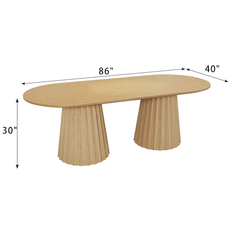 86" Modern Oval Dining Table Set with 8 Upholstered Chairs Textured Wood Top & Dual Pleated Pedestal Base