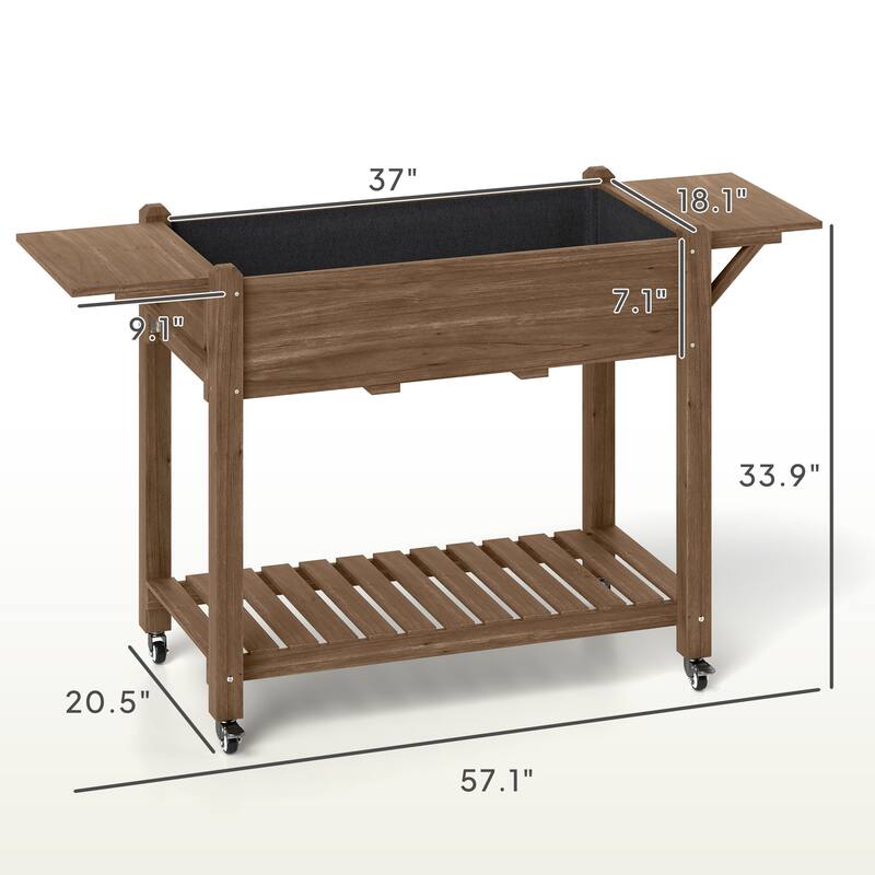 Raised Garden Bed with Storage Shelf and Foldable Ledges Fir Wood Planter for Indoor Outdoor Gardening