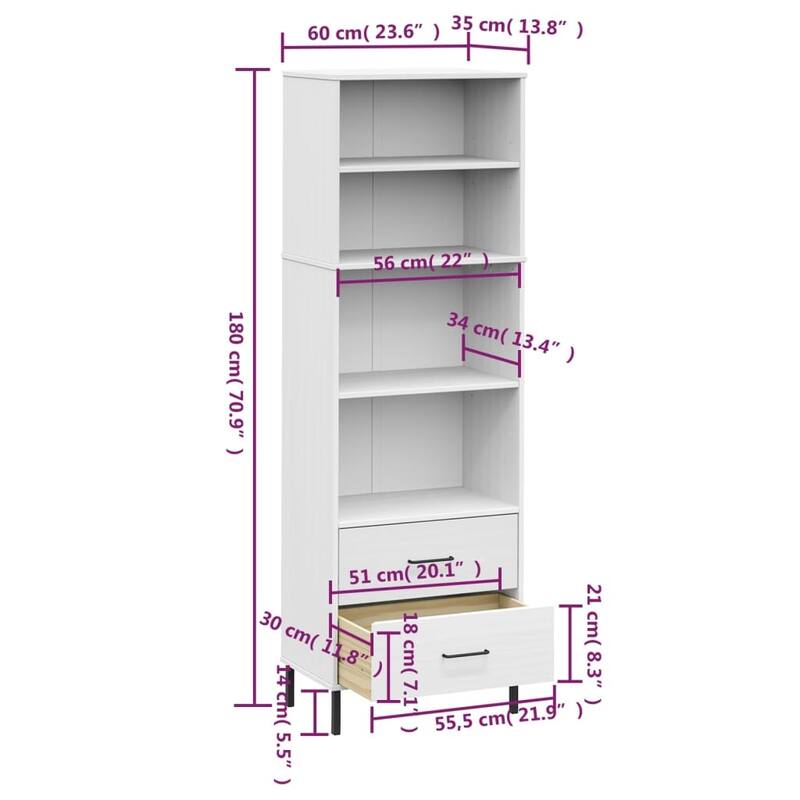 vidaXL Bookshelf Book Cabinet with 2 Drawers Storage Cabinet OSLO Solid Wood - 23.6" x 13.8" x 70.9"