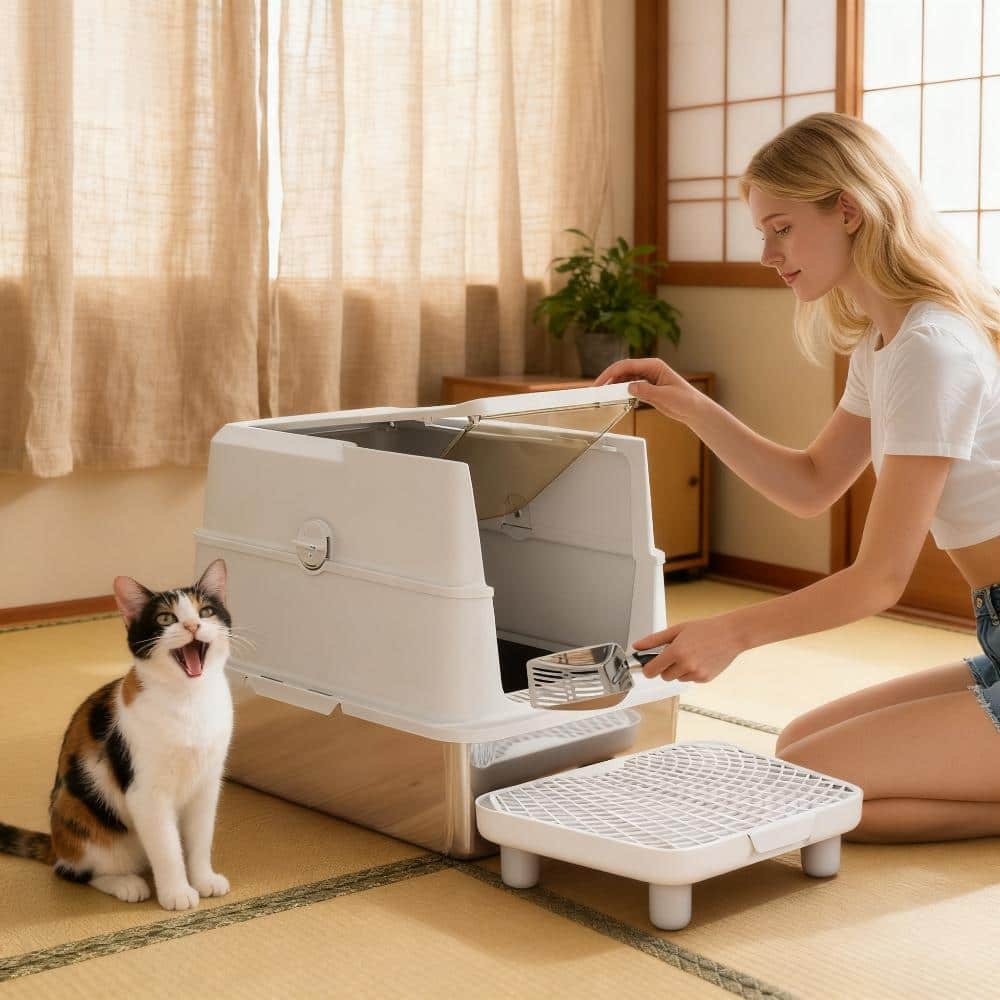 Cat Stainless Steel Cat Litter Box for Big Cats with Flip Cover