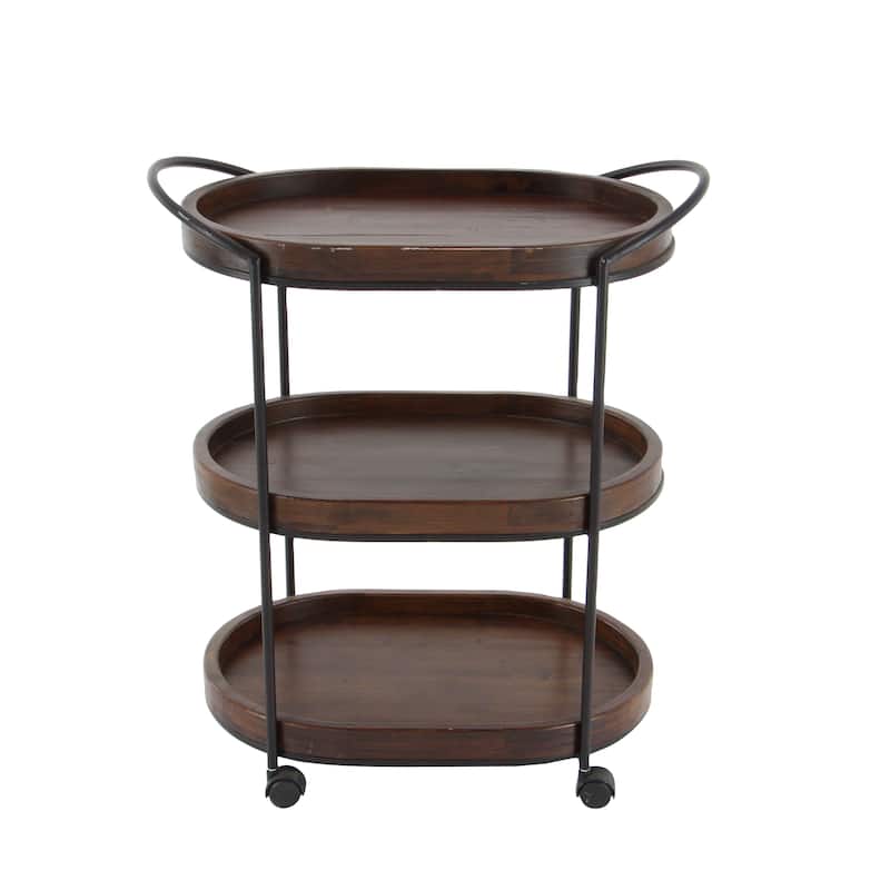 Wood Rolling Oval 3 Shelf Bar Cart with Black Metal Frame - Brown - Roche River Decor - 16"W x 25"L x 30"H