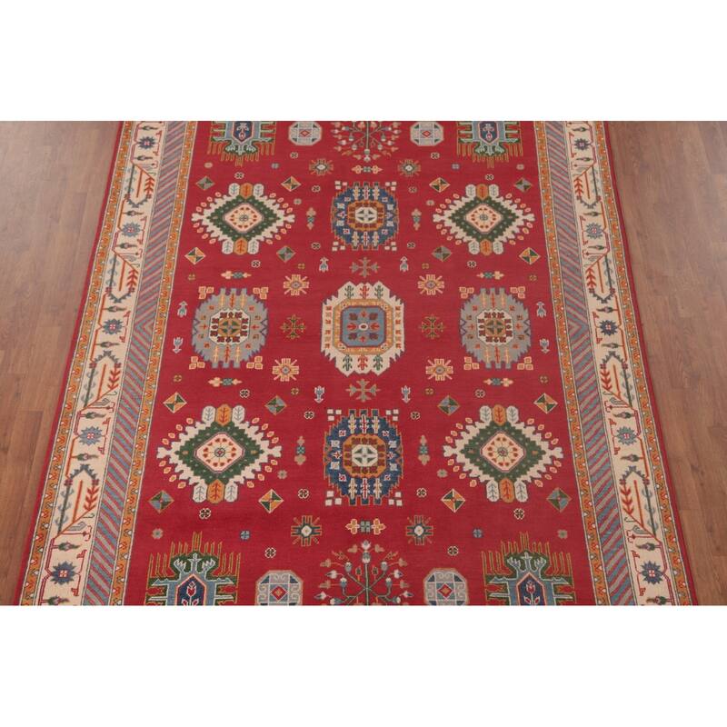 Geometric Red Kazak Area Rug Handmade Oriental Wool Carpet - 6'6" x 9'10"