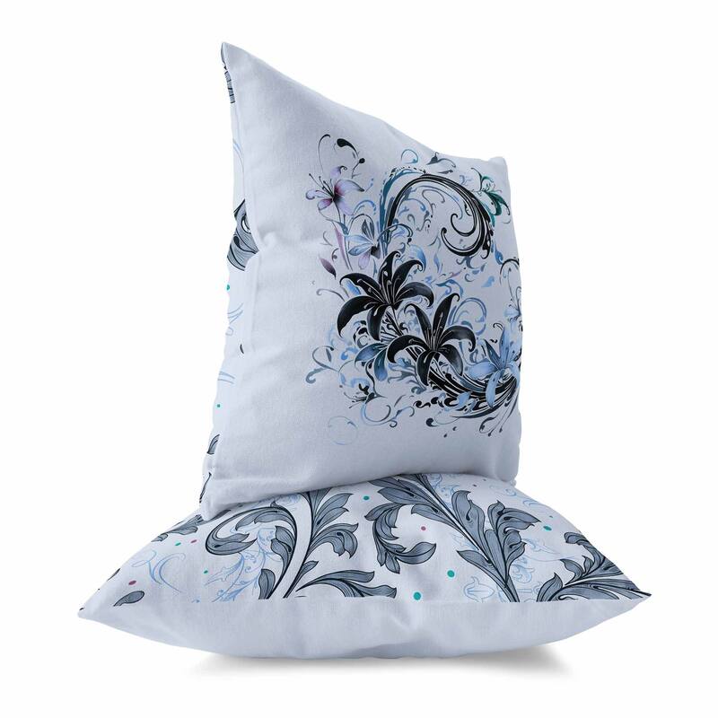 Skyblue And Black Petal and Swirl Indoor/Outdoor Throw Pillow Zipper